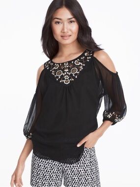 White House Black Market Embroidered Cold Shoulder Blouse Small Floral Boho Chic